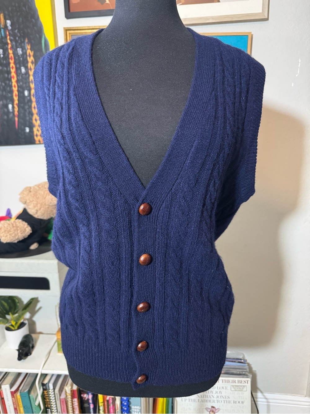 Lord & Taylor Navy Cable Knit Button Vest Sweater